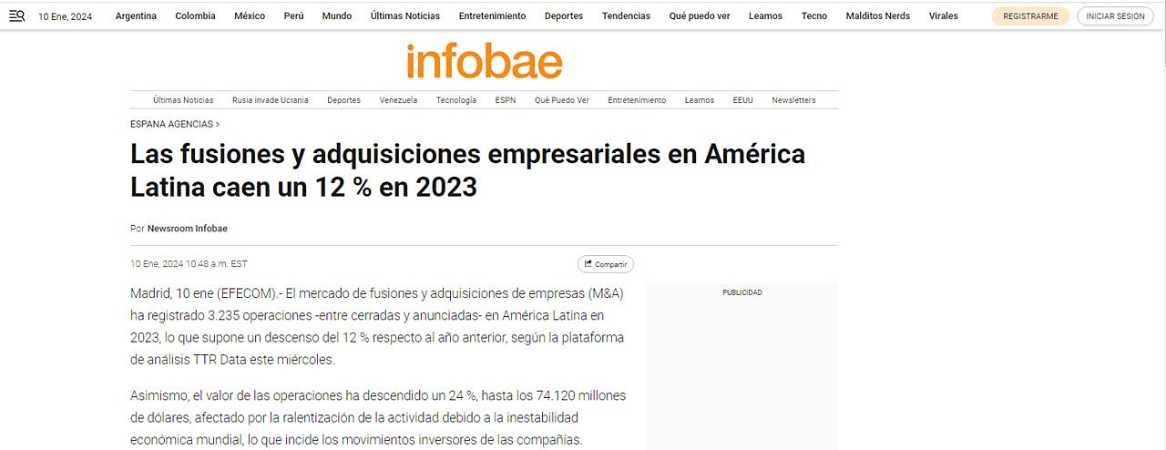 Las fusiones y adquisiciones empresariales en Amrica Latina caen un 12 % en 2023